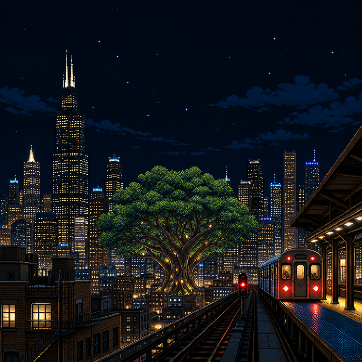 Pixel-art Chicago skyline at night with a giant tree beside an elevated train